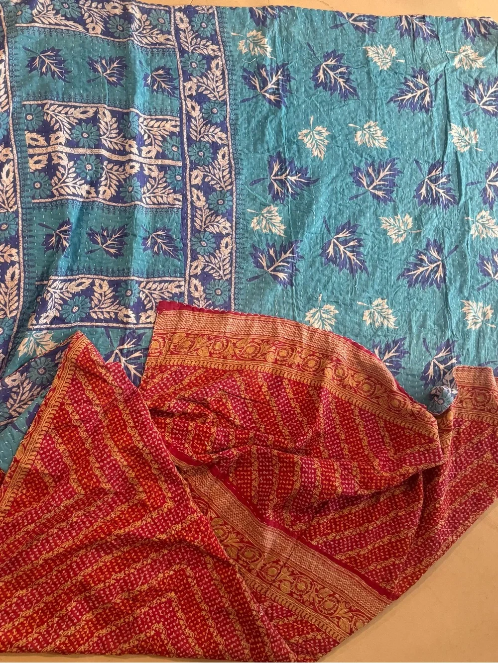KAnTHA Handcrafted Blue and Red /Teal and royal Reversible Throw-Blanket-Vintage